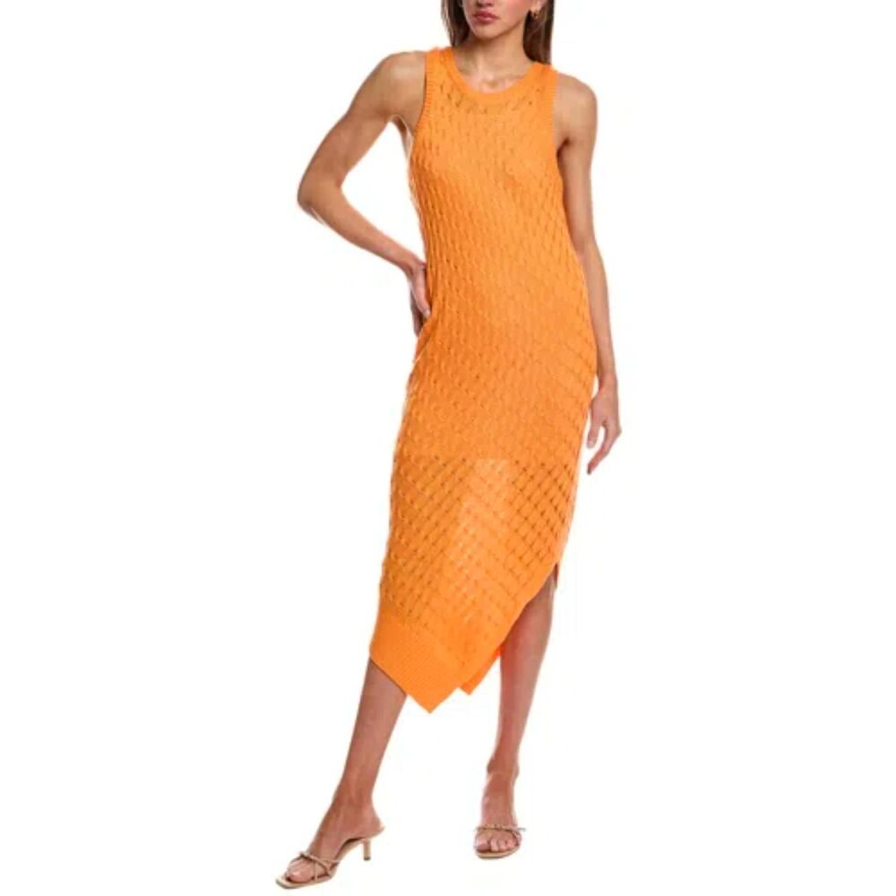 New 525 American Asymmetrical Knit Crochet Midi Dress Sorbet Orange Medium